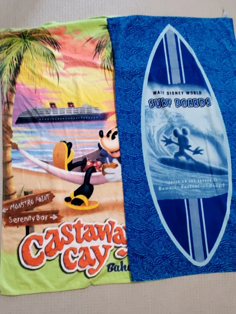 2 Vtg Disney Exclusive Made In Brazil Beach Towels Surfboard/Castaway Mickey